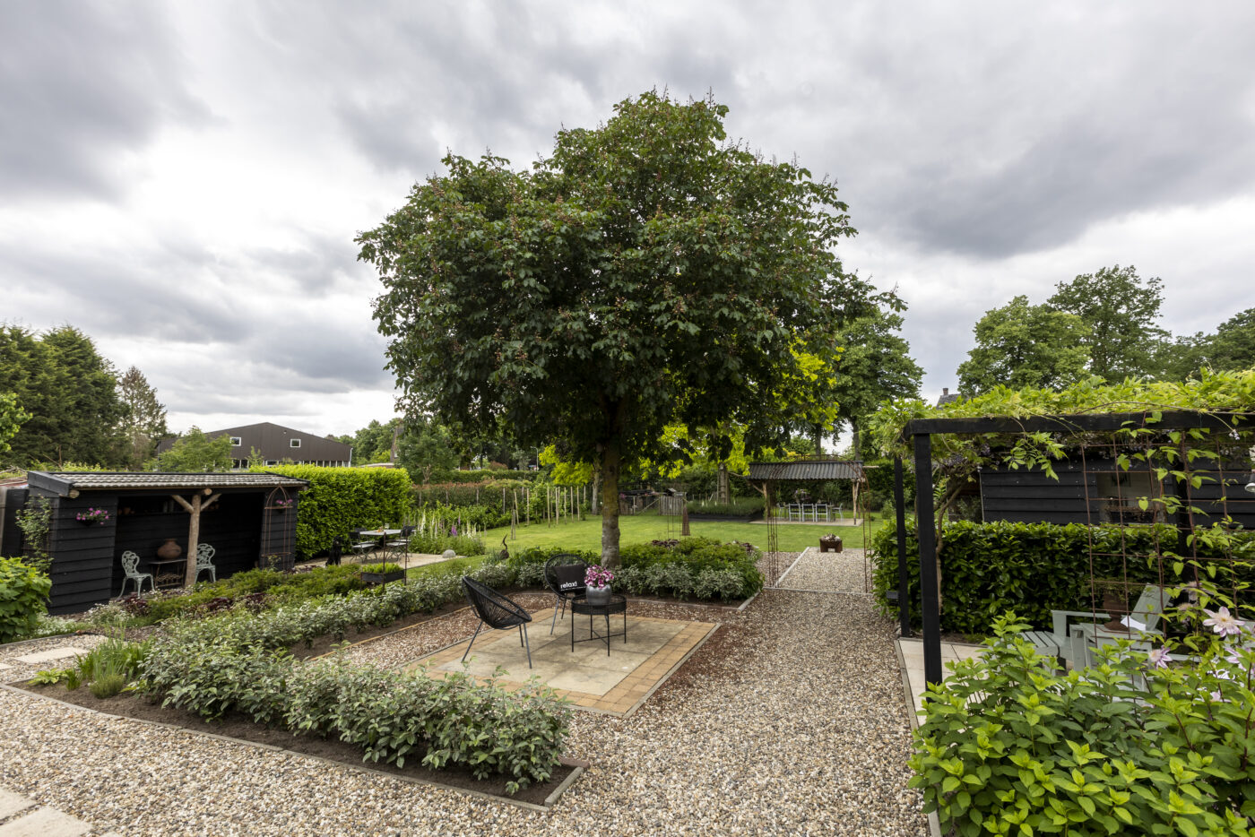 een blik vanaf het terras voor de woning de tuin in