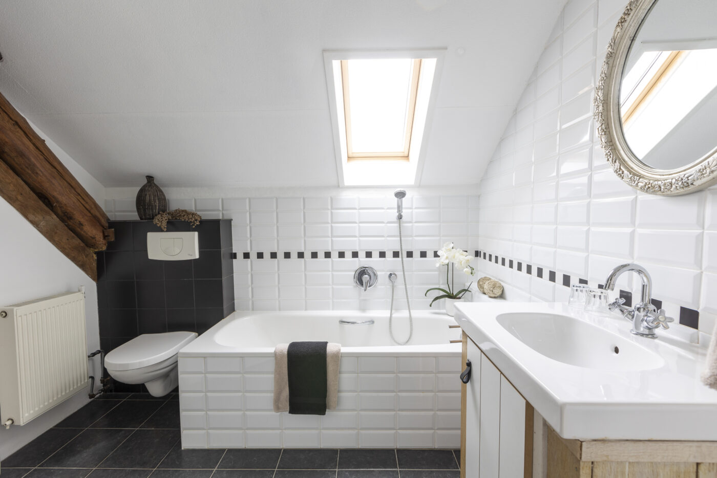 de badkamer, met bad, douche en toilet